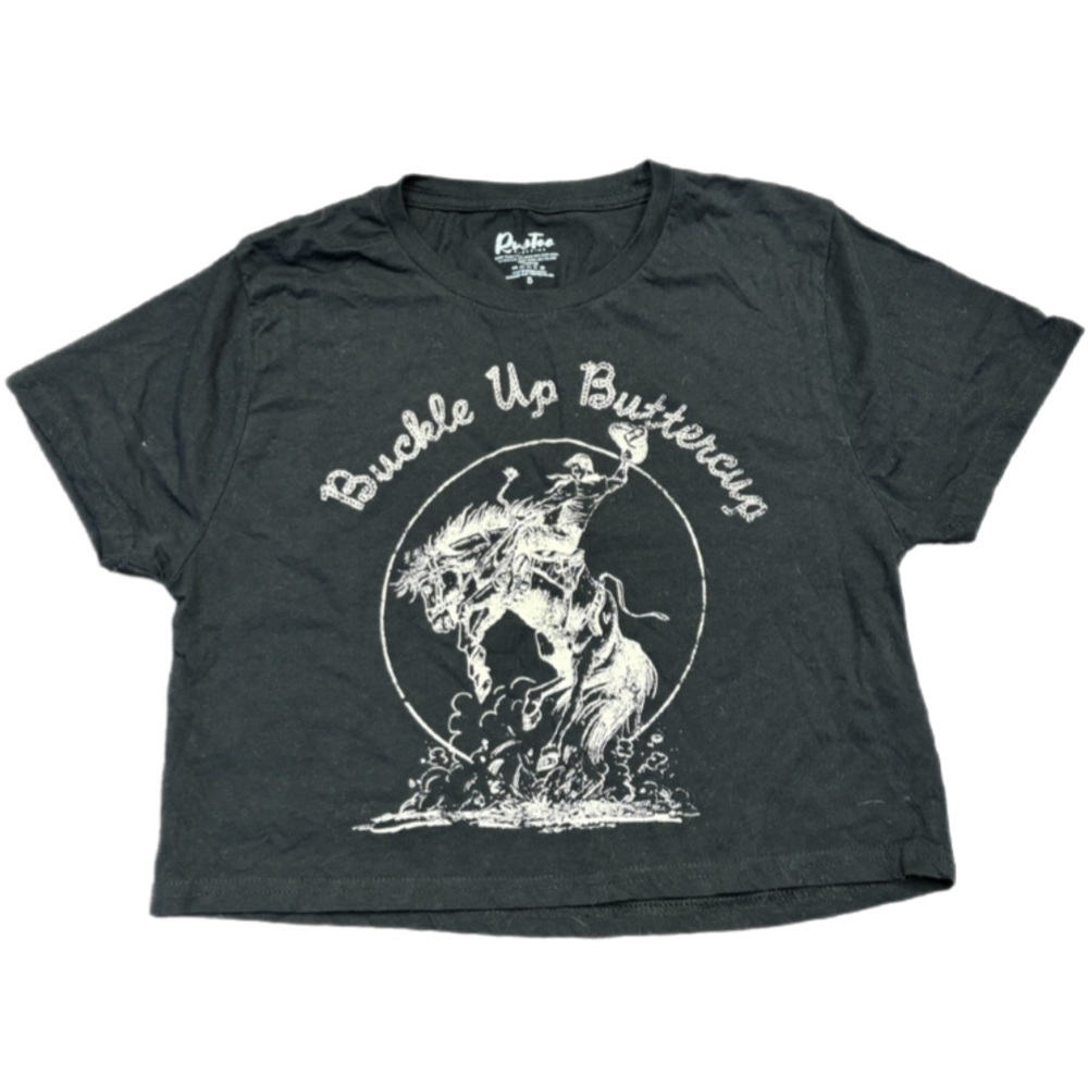Buckle Up Buttercup Cowgirl Black Crop Top